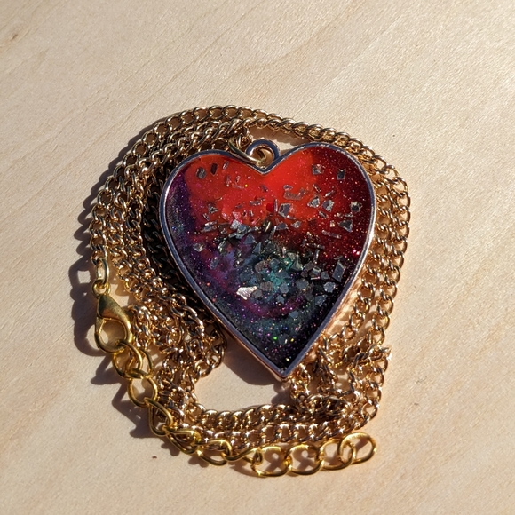 Heart Necklace Handmade Sparkly Gift Glass Glitter Resin Art Purple Gold - Picture 6 of 9